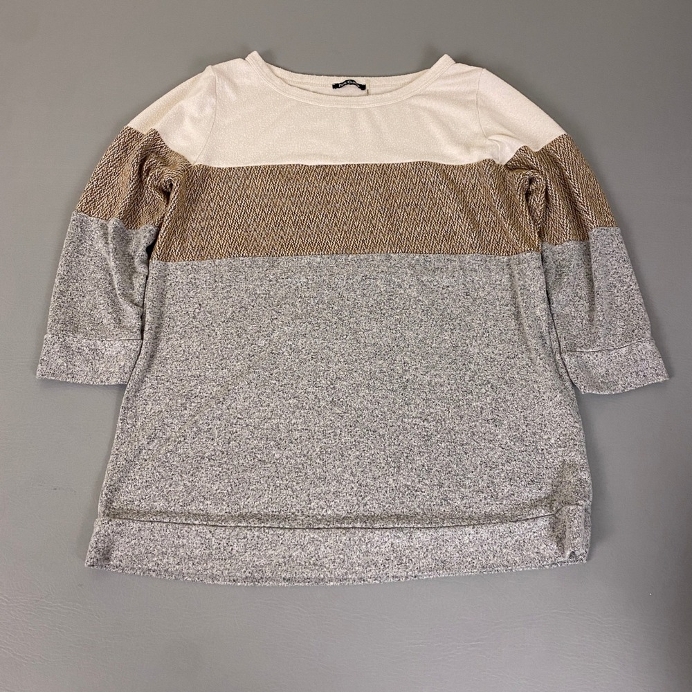 Pink Clover Tunic Top Womens Size Large Cream Brown Gray Colorblock 3/4 Sleeve